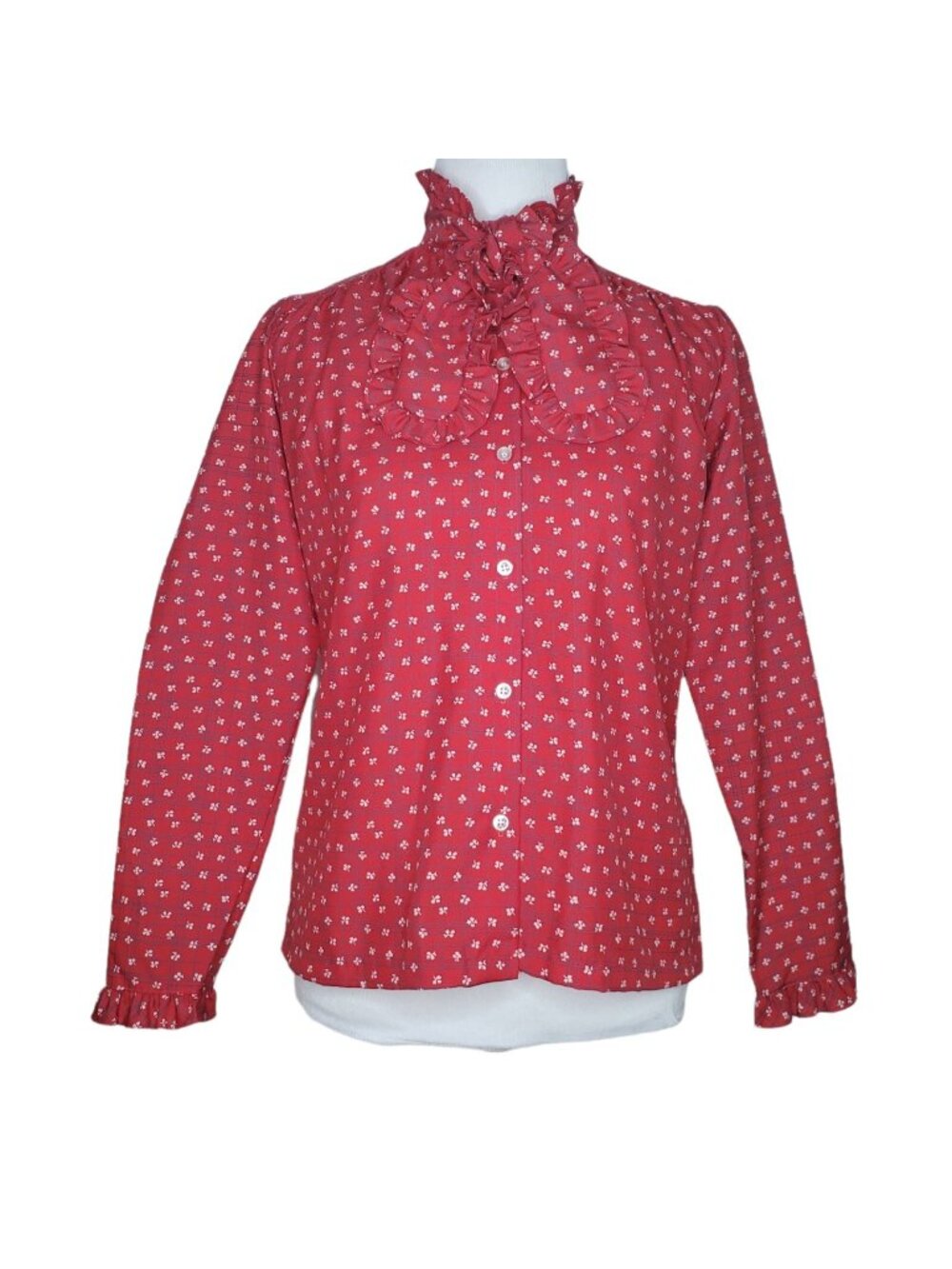 Vintage 1970s Lucky Winner Equestrian Ruffle Collar Blouse S/M Cottagecore